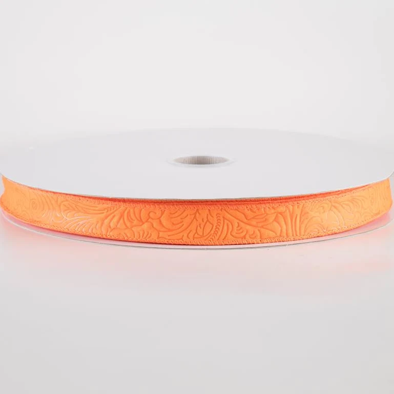 7/8" Orange Floral Embossed Glitter Ribbon - 3 Yard Bundle