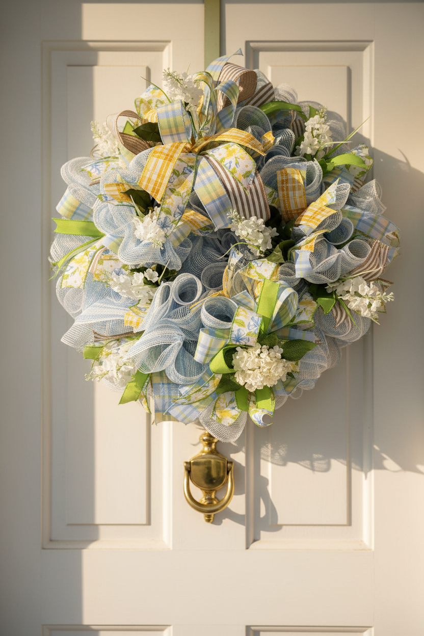 Blue & Yellow Spring Plaid Deco Mesh Wreath