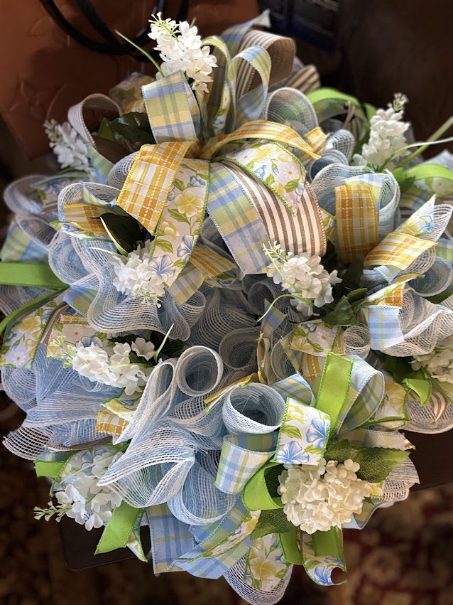 Blue & Yellow Spring Plaid Deco Mesh Wreath