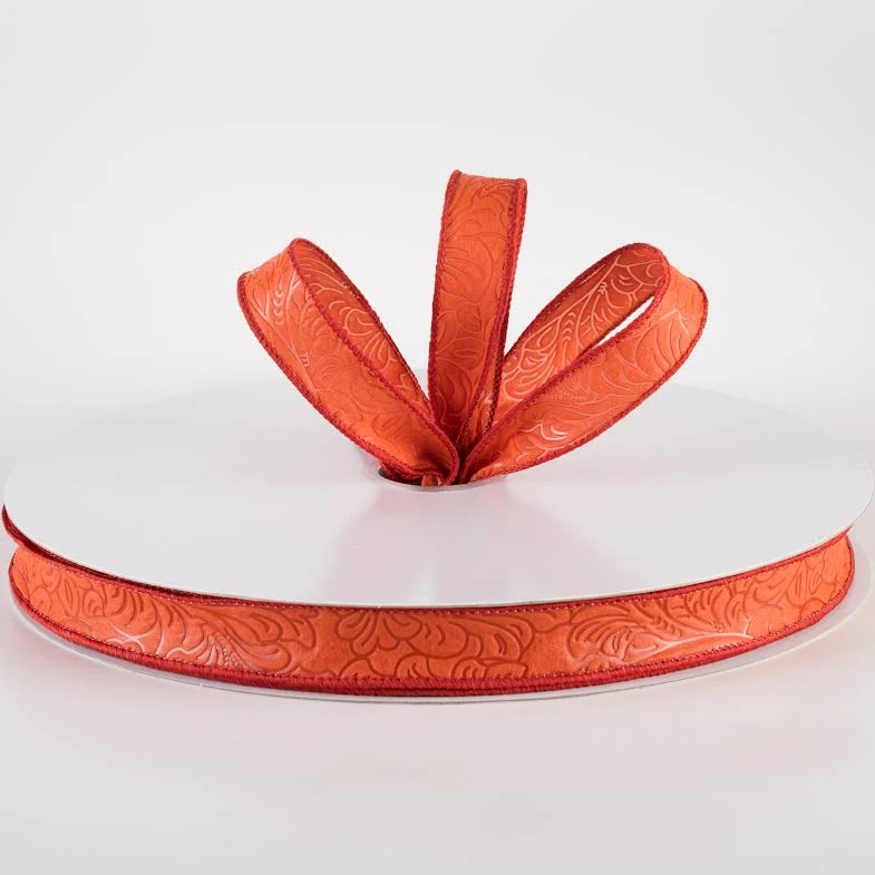 7/8" Burnt Orange Floral Embossed Ribbon - 3 Yard Bundle