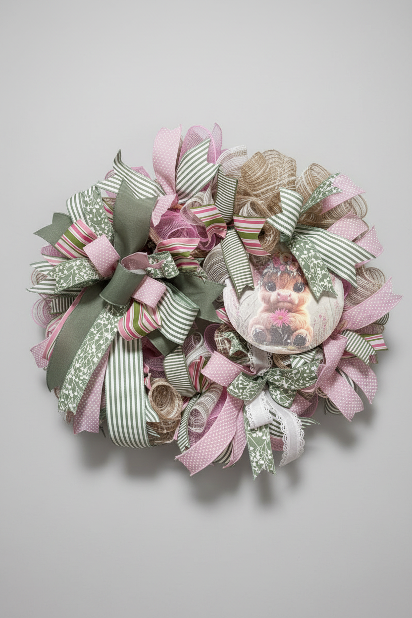 Baby Highland Cow Pink & Sage Wreath