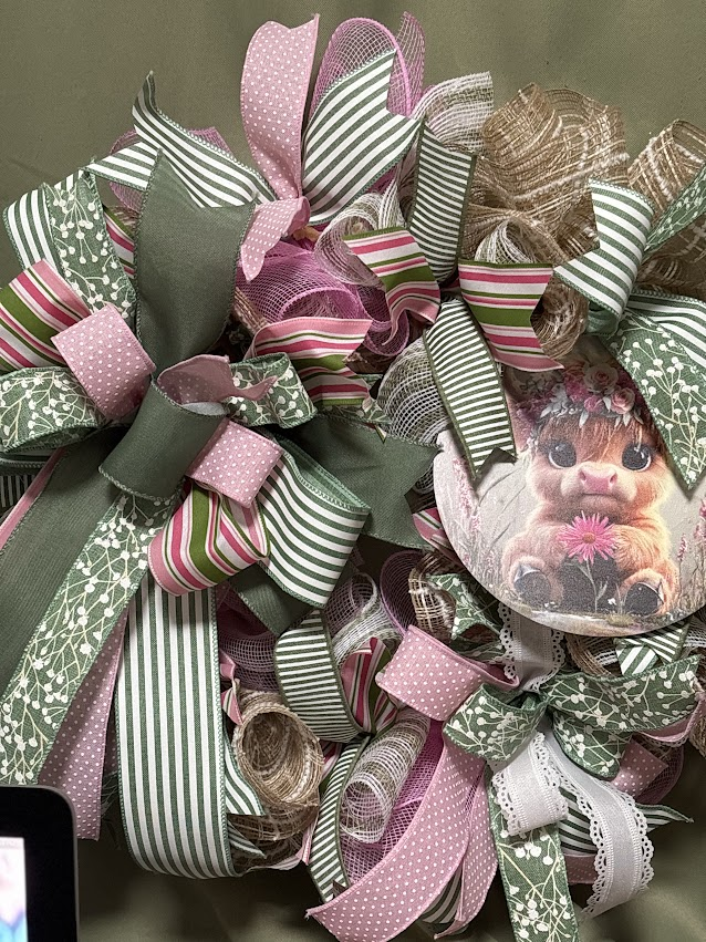 Baby Highland Cow Pink & Sage Wreath