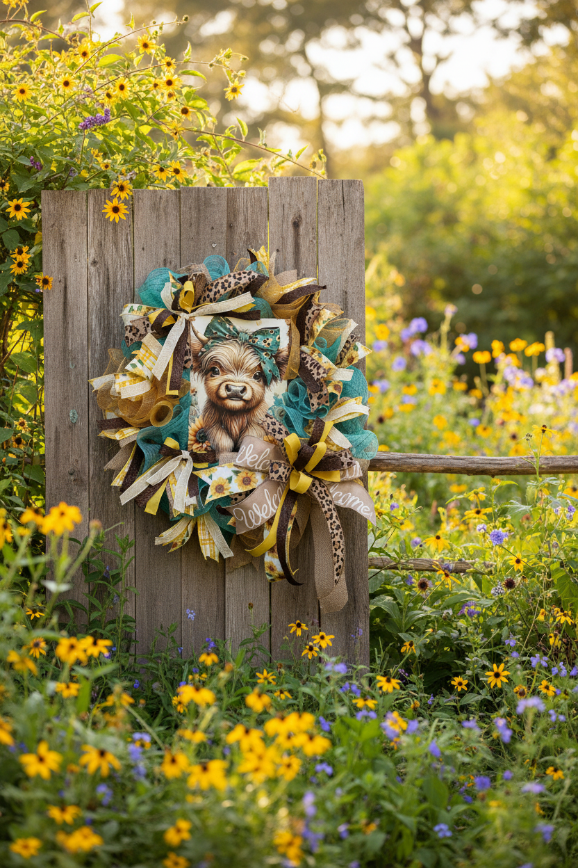 Highland Cow Sunflower Welcome Wreath