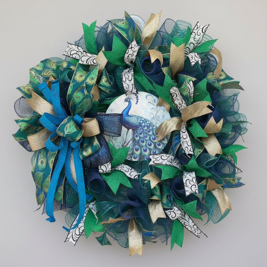 Peacock Paradise wreath hanging on front door